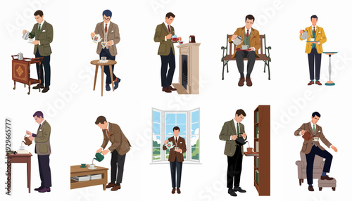Elegant men in classic attire enjoying and serving hot beverages in various stylish settings, illustrating a sophisticated daily routine.