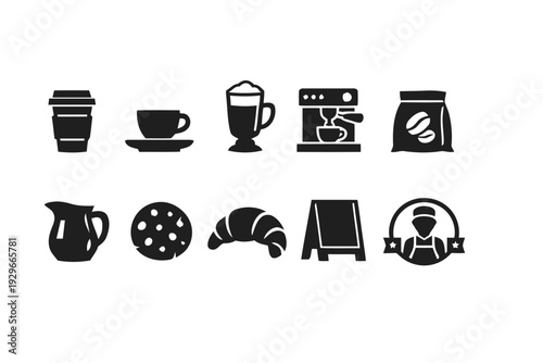 Coffee shop items and cafe icons, beverage and pastry illustrations