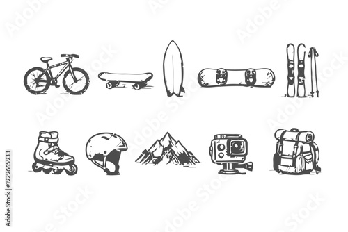 Collection of hand drawn sports and outdoor recreation equipment and items