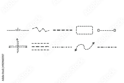 Collection of hand drawn dashed line icons and symbols for design and illustration