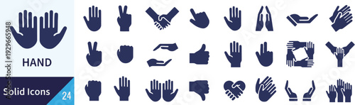 Collection of hand gesture icons showing different signs and actions like peace thumbs up and handshake