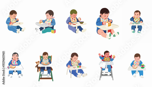 Babies Eating Independently in High Chairs: A Collection of Illustrations Depicting Self-Feeding and Early Mealtime Moments