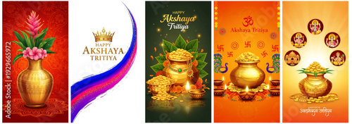 A collection of five distinct posters featuring golden urns and ornaments in various colors and designs.