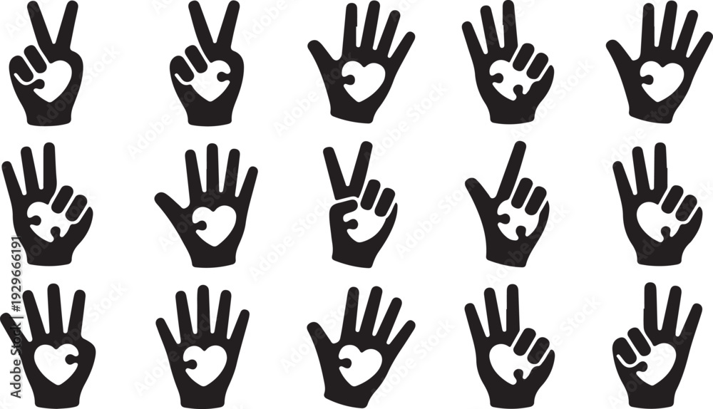 Fototapeta premium Black and white hand gesture symbols in a grid pattern peace love