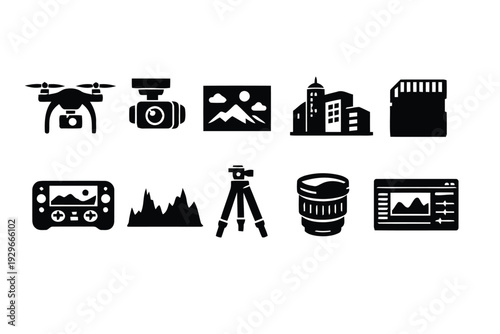 Collection of modern photography and videography equipment icons