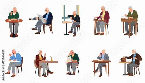 Elderly men enjoying various daily activities like dining, reading, and relaxing at cafes, illustrating senior life and leisure moments.