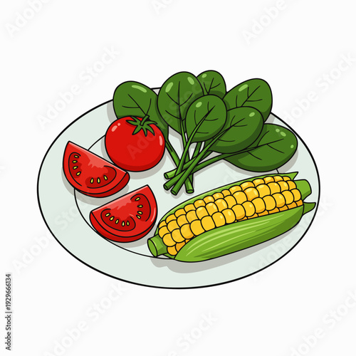 Fresh and colorful plate of healthy vegetables featuring vibrant spinach leaves, ripe tomatoes, and sweet corn, perfect for a balanced diet and nutritious meals. Isolated on white.