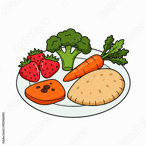 Healthy food plate with fresh strawberries, broccoli, carrot, and flatbread, cartoon style illustration