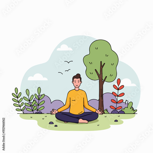 Man practicing yoga and meditation in a peaceful park surrounded by nature, promoting wellness and mindfulness.