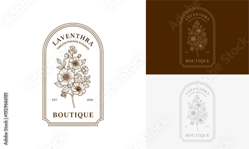 Elegant boutique logo featuring laventory floral designs on various backgrounds from different viewpoints