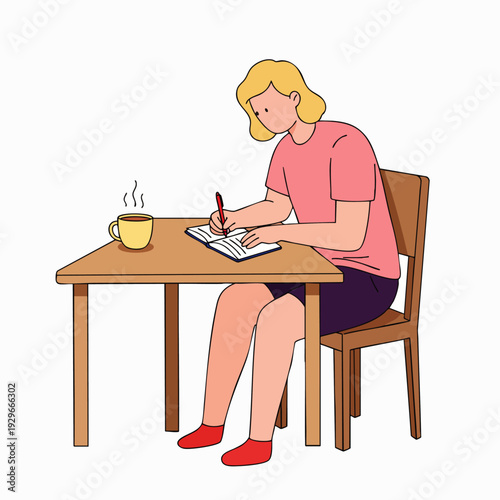 Young woman sitting at a desk, writing in a notebook with a pen, with a cup of coffee nearby, illustration