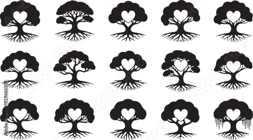 Black and white heart-shaped tree arranged in a grid pattern silhouette