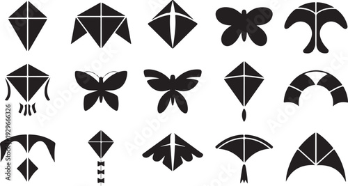 Black and white kites and butterfly shapes in various and patterns butterflies