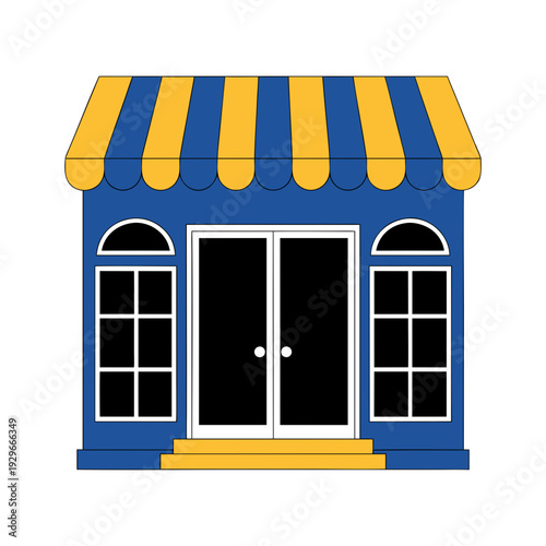 A blue storefront with yellow and blue striped awning