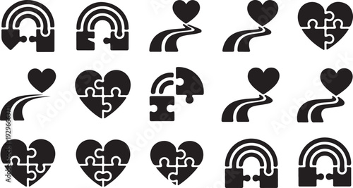 Black and white puzzle heart and headphone with rainbow and road symbols headphones