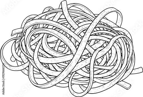Black and white line of a tangled nest of spaghetti pasta strands noodles food
