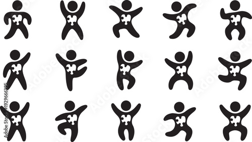 Black and white puzzle piece representing people in various poses human figures
