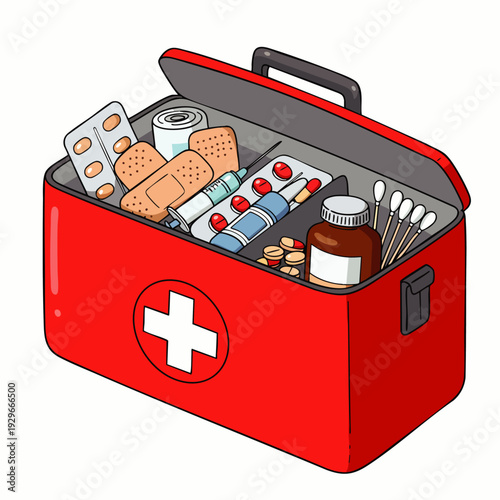 Vibrant cartoon illustration depicting an open red first aid kit overflowing with essential medical supplies for emergency situations and health safety.