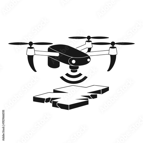 A black and white image of a drone flying over a map