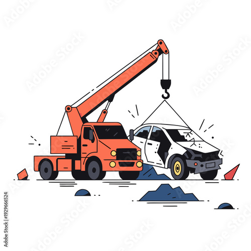 A crane is lifting a damaged car