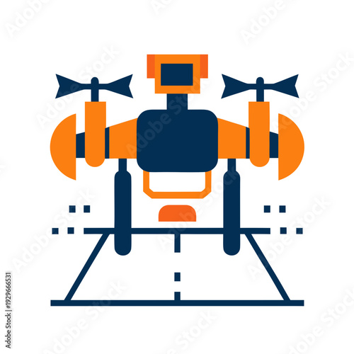 A drone is shown in an icon with orange and navy blue colors on a white background