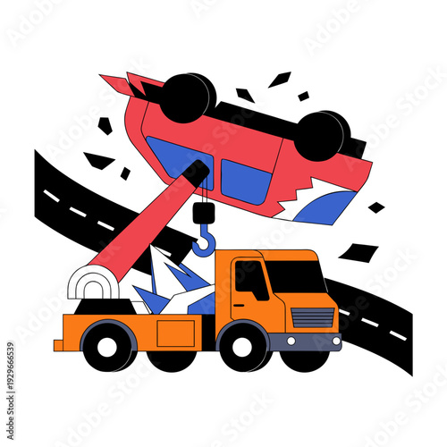 A cartoon image of a tow truck picking up a crashed car
