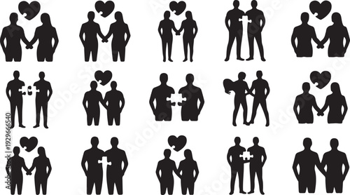 Black Silhouettes of Couples Holding Hearts and Hugging
