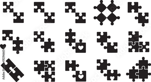 Black puzzle pieces with heart shapes and geometric patterns on white background