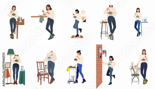 Modern flat illustrations of women enjoying pasta meals in diverse casual indoor settings, depicting relaxed dining and everyday life.