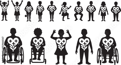Black silhouettes of diverse people with heart and leaf symbols on their chests