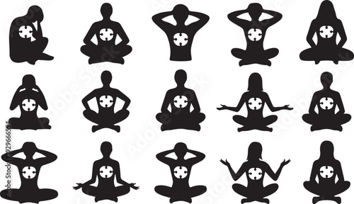 Black silhouettes of people in various meditation poses with a circular pattern on their chests