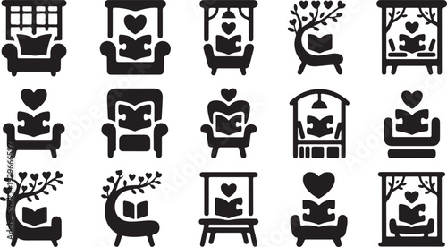 Black silhouettes of people reading books in various cozy settings with hearts