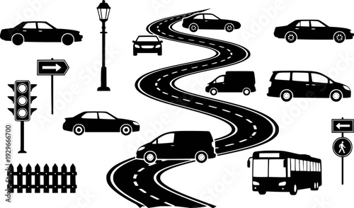 Collection of Black Silhouettes of Vehicles Roads Traffic Signs and Street Furniture White