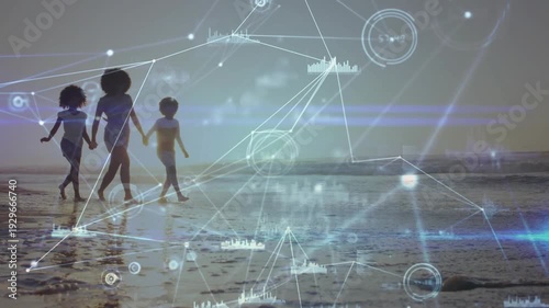 Woman holding children entering from left, playing along shore, tech HUD drifting over silhouettes