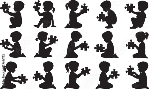 Silhouettes of children holding puzzle pieces in various poses black white