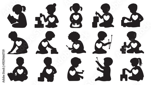 Silhouettes of Children Engaging in Various Activities with Heart Symbols reading