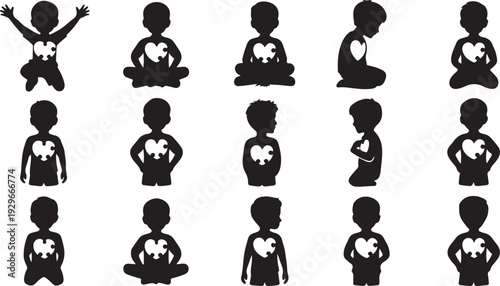 Silhouettes of children with heart shapes on their chests in various poses black