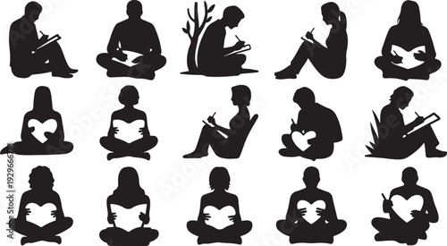 Silhouettes of people sitting and reading books with heart shapes in the background