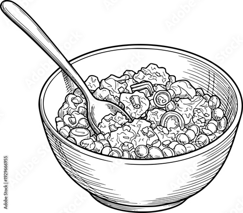 Hand drawn of a bowl filled with chunky food and a spoon a white background
