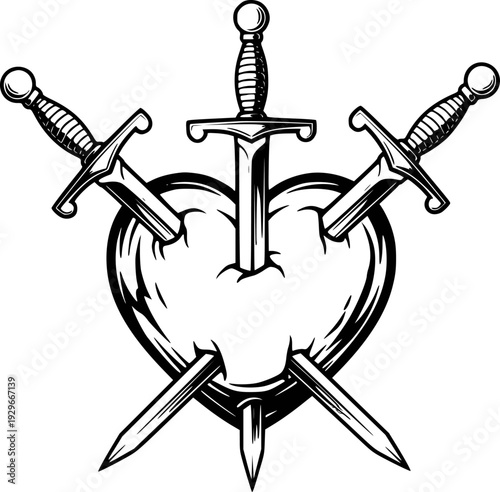 Swords Piercing Heart Symbol Black and White love