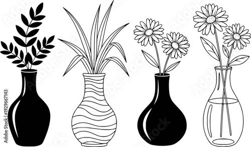 Vases With Plants And Flowers Black And White Line Collection botanical