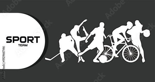 Dynamic sports team with athletes playing hockey, soccer, basketball, and cycling