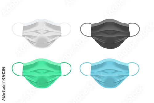 Set of protective medical face masks. Vector illustration of colorful surgical masks, symbol of healthcare, safety and virus protection.