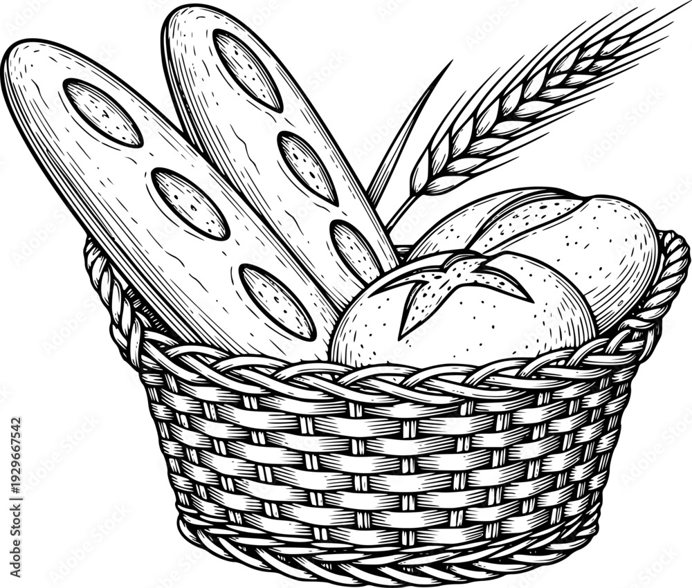 Obraz premium Vintage of a woven basket filled with fresh baked bread and wheat stalks food bakery
