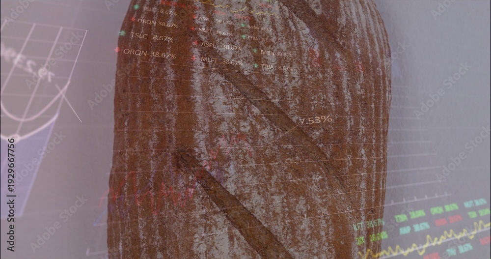 Naklejka premium Showing vertical tree trunk in studio, merging with translucent charts, tickers, percentage labels