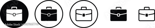 Black and white briefcase icons set featuring professional business portfolio symbols and office bags in solid and outline styles with circular frames