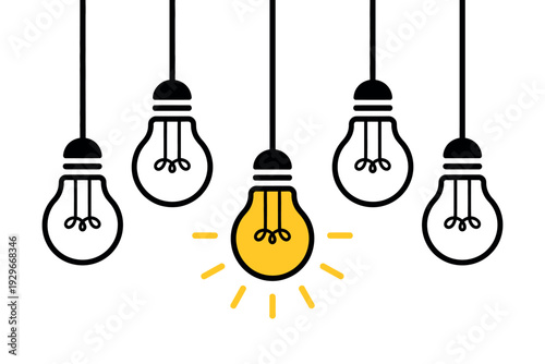 Glowing Light Bulb Idea Concept with Five Hanging Bulbs and Bright Yellow Light