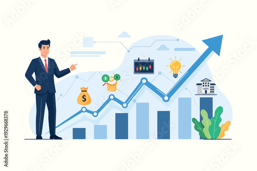 Business Growth Strategy Concept with Financial Chart and Upward Arrow Vector Illustration
