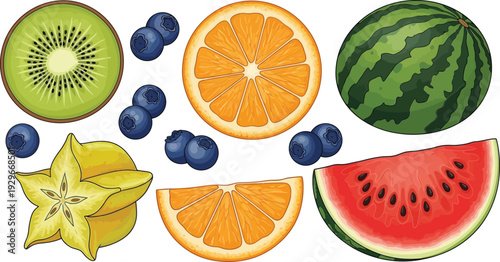 Assorted fresh fruit slices and whole on white background including watermelon oranges kiwi blueberries and starfruit