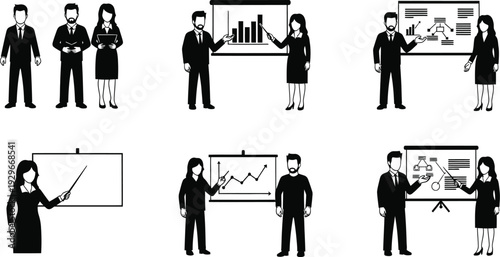 Business people presenting data on graphs and charts in office settings with colleagues